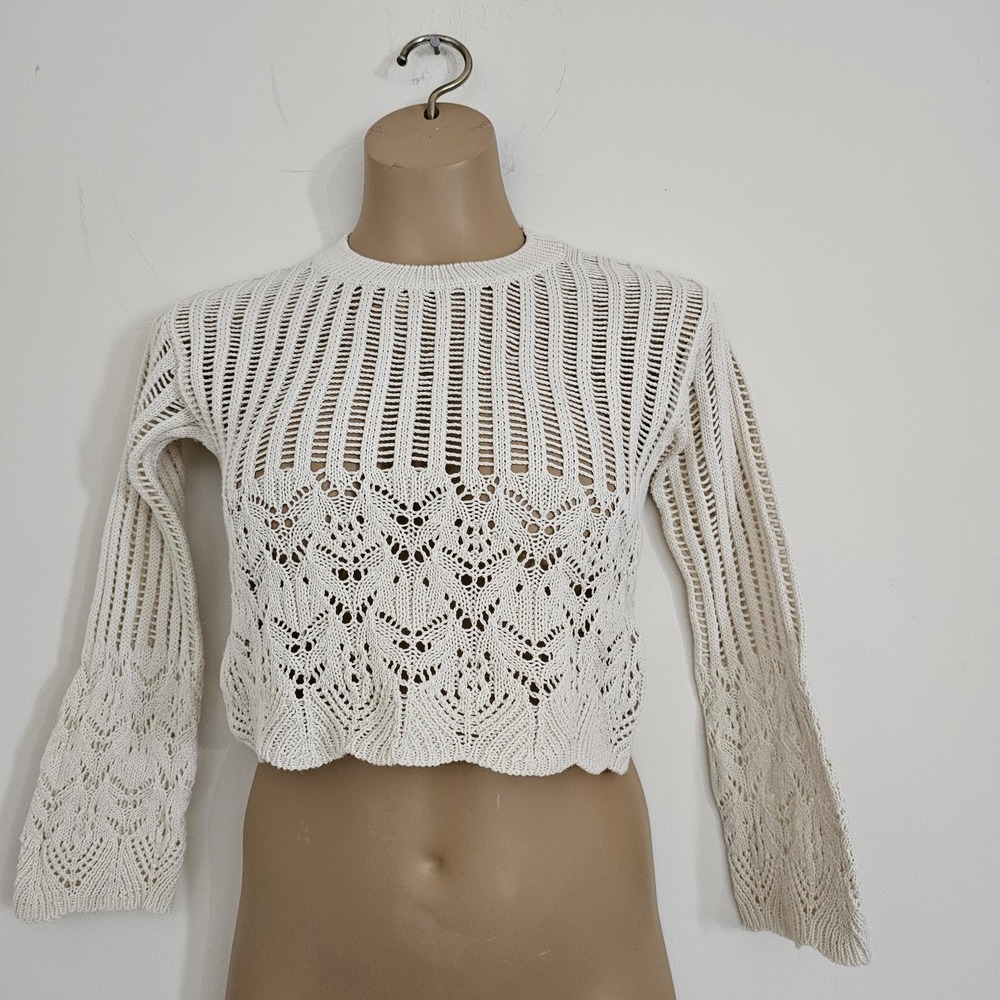 Beige Crochet Loose‎ Knit Cropped Pop Over  Sweater Size M
